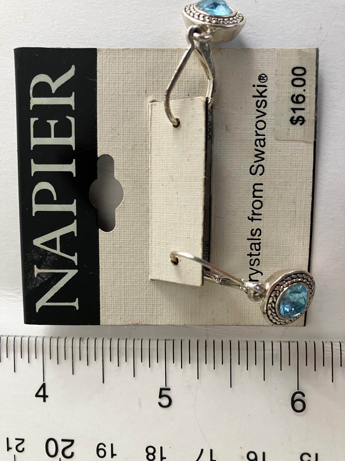 NAPIER Silver Tone Blue Swarovski Crystal Drop Pierced Earrings, NEW ON CARD
