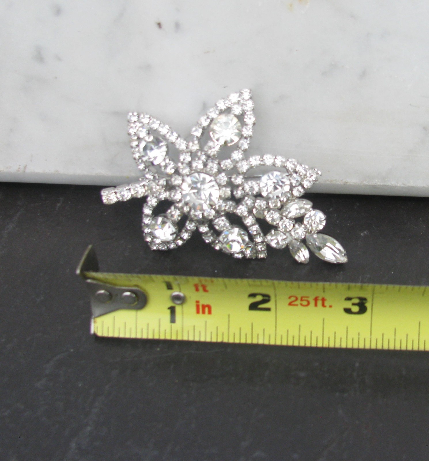 Beautiful Vintage Clear Rhinestone Prong Set Leaf Brooch Pin
