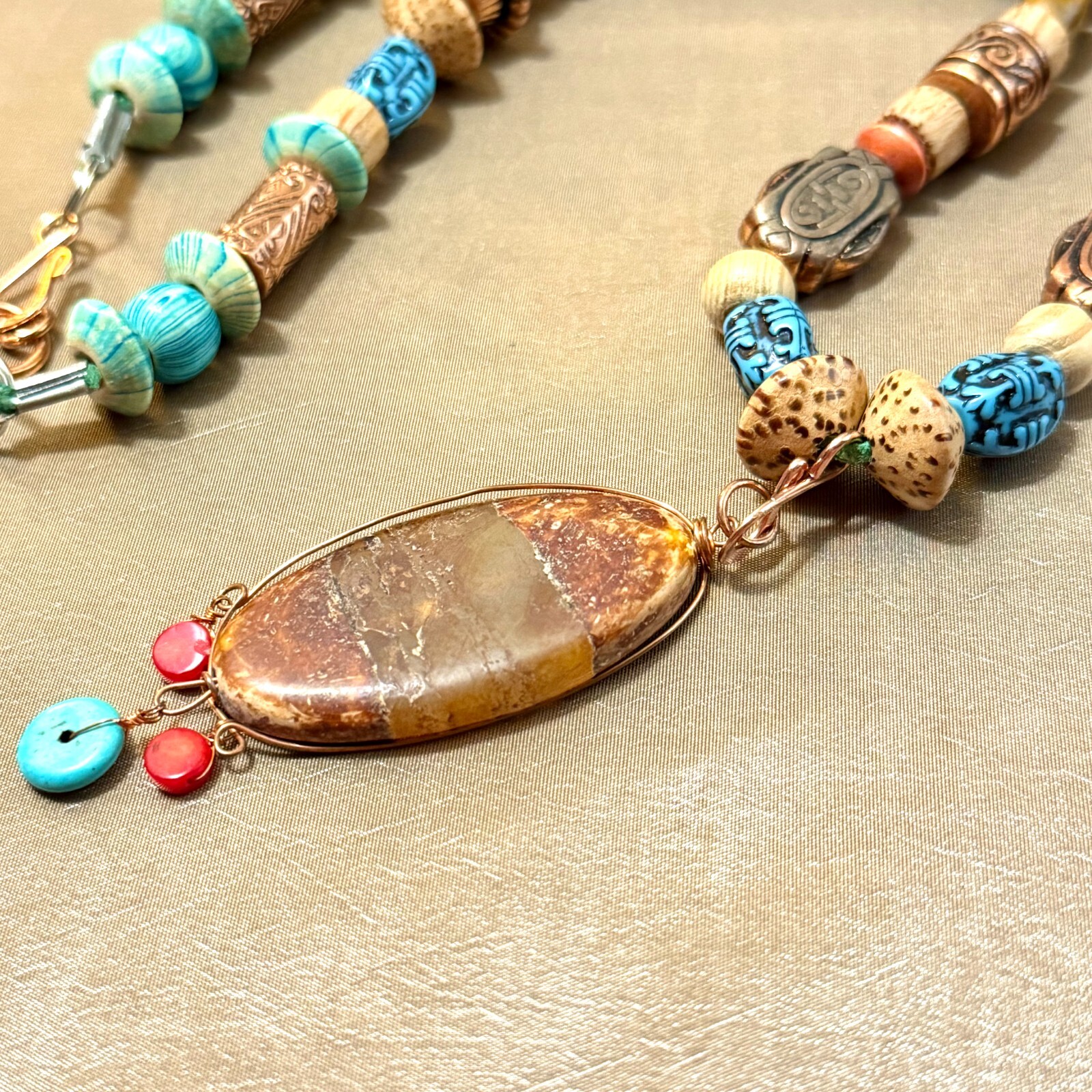 Boho Turquoise Beaded Necklace, Blue & Brown in Wood, Stone, Nut, & Metal – 25″