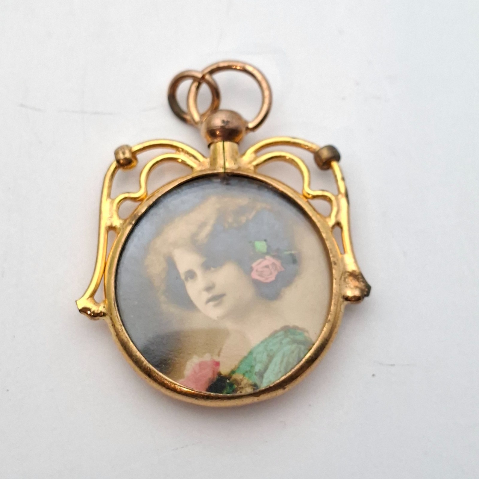 Antique German rolled 9ct Gold litho photo portrait locket pendant double sided