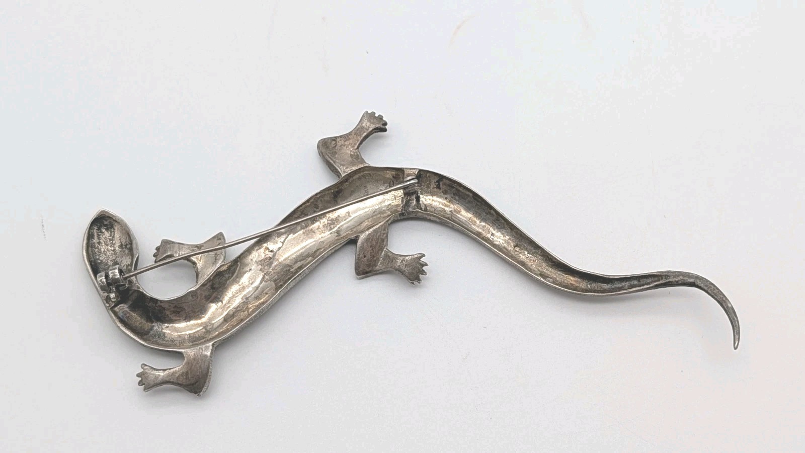 5½” Long Vintage Sterling Silver Marcasite Lizard Gecko Red Eyes Pin Brooch 30g