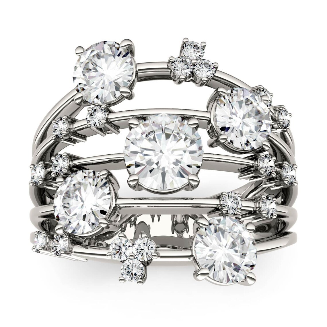 2.50Ct Round Five Moissanite Galaxy Statement Women Ring in 935 Argentium Silver