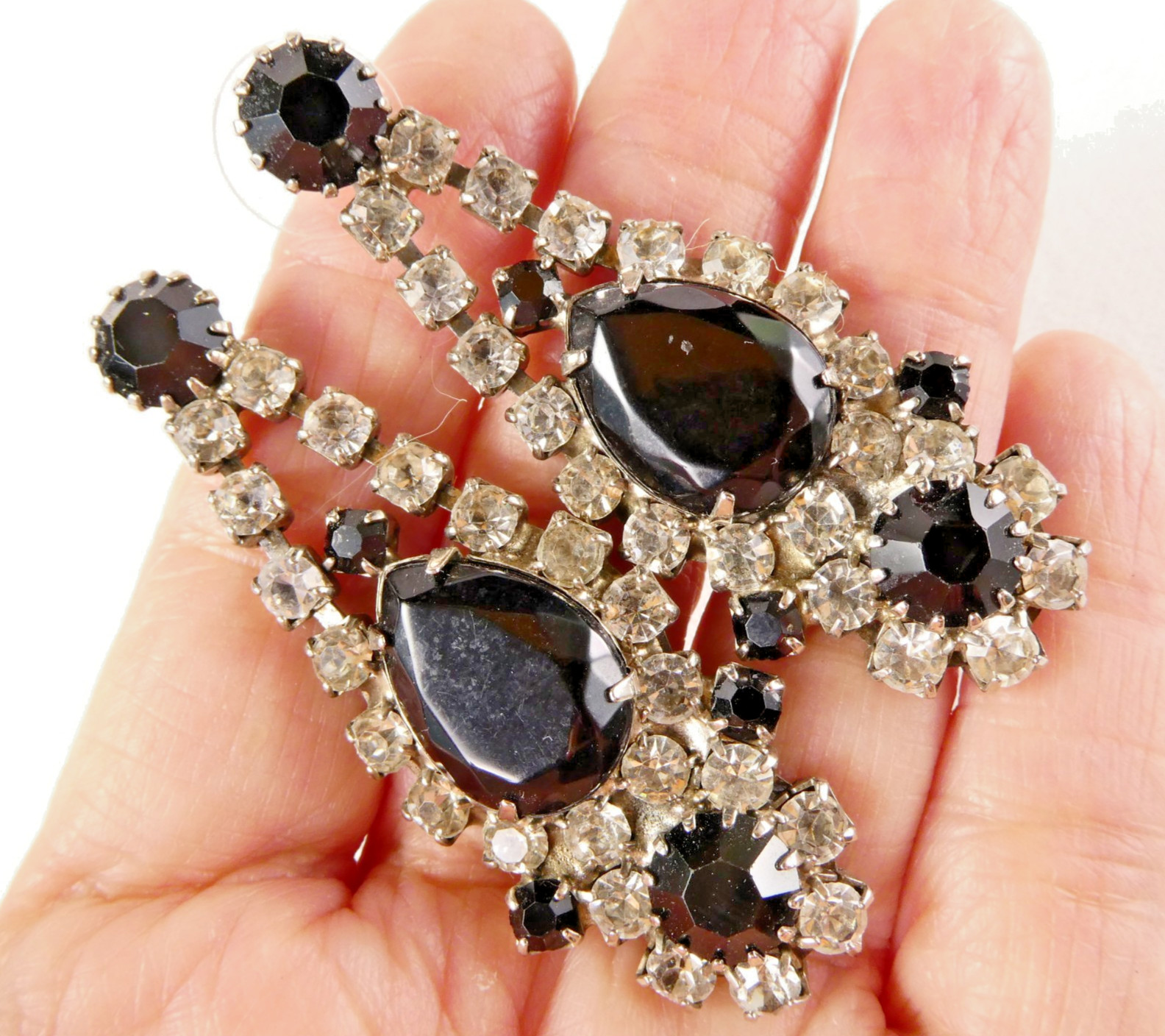 Vintage Rhinestone Dangle Drop Earrings White Black Prong Set Clear Stones
