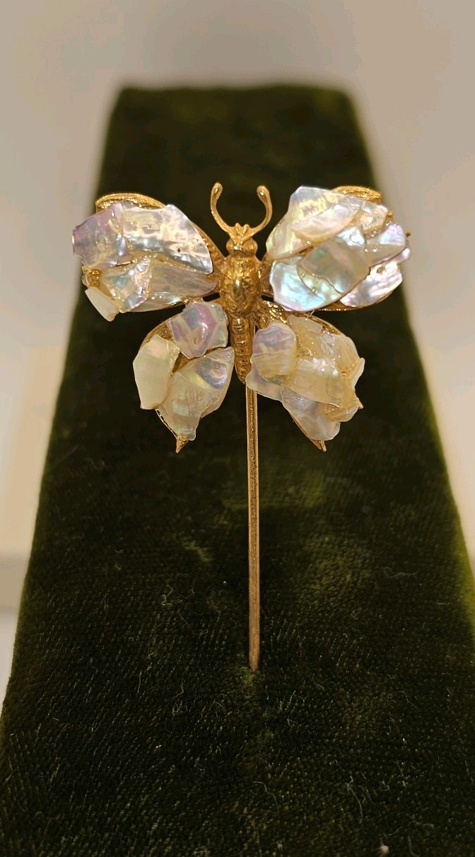 Antique Art Nouveau Gold Plated Brass + Mother Of Pearl Butterfly Tie Stickpin