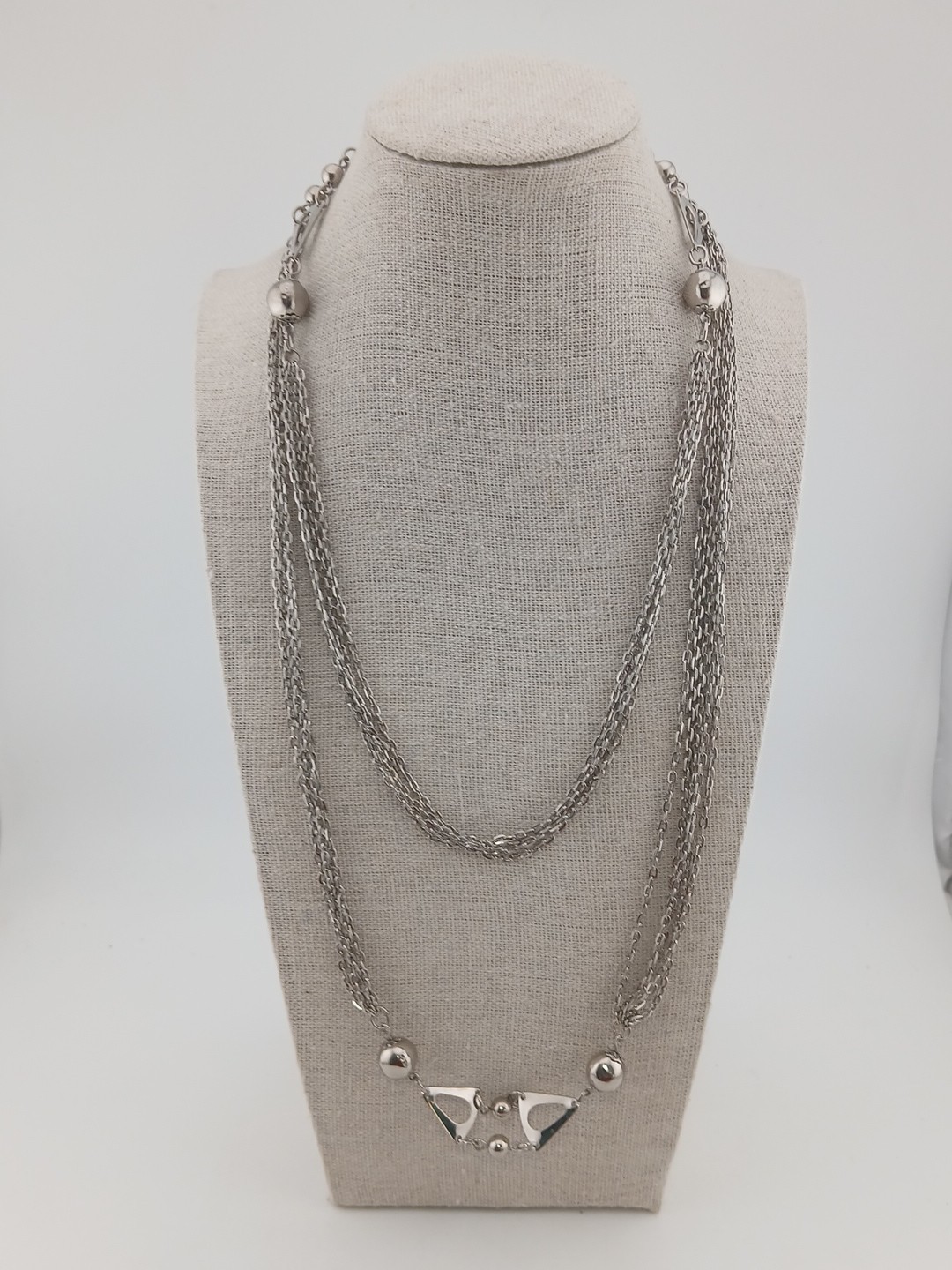 1960s silver tone multi chains ball beads open triangle design accents necklace