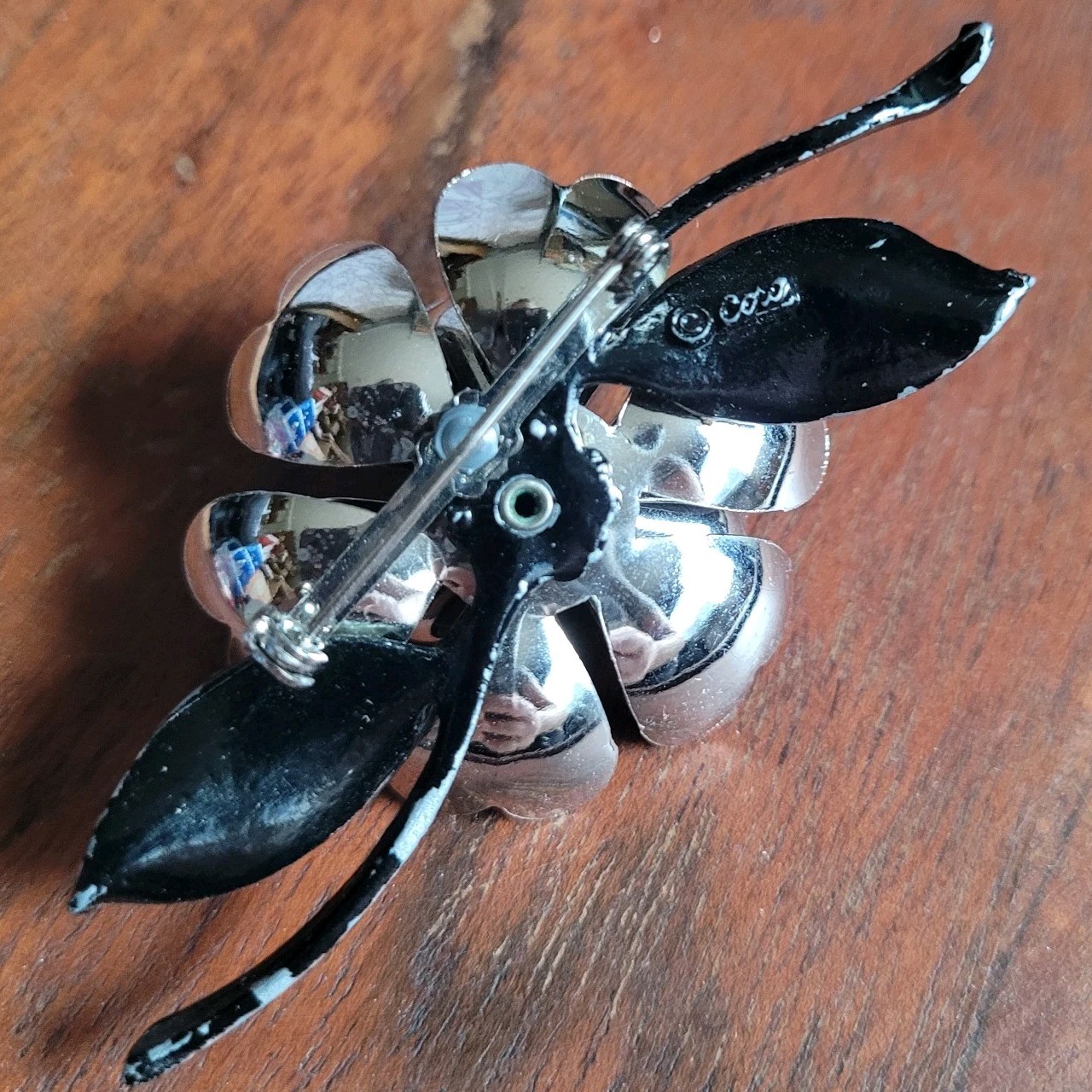 Coro Vintage Enamel Brooch Gothic Floral Pin Black & Silver Gray 1950s Botanical