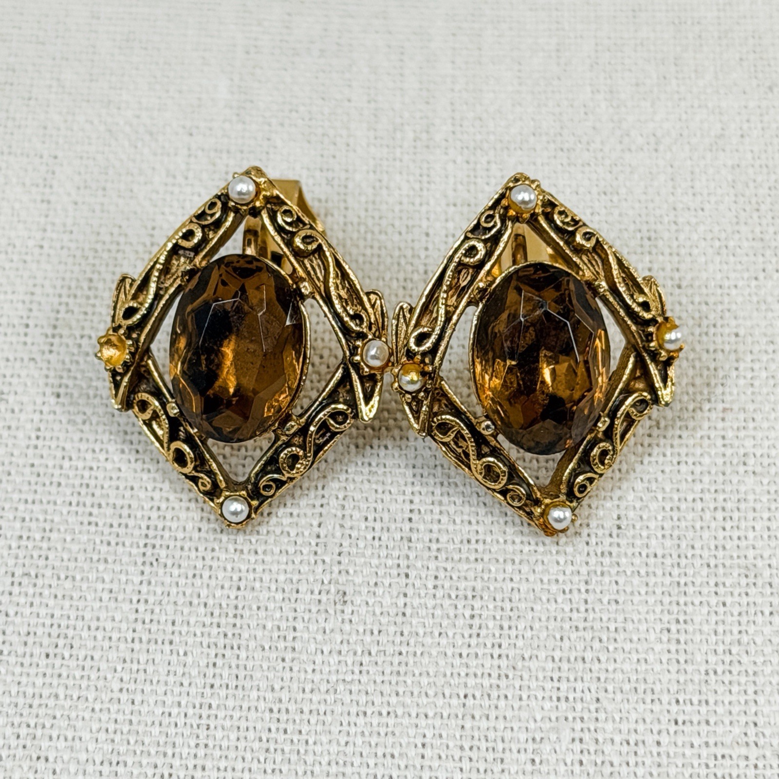 Vintage Florenza Victorian Shield Brooch & Earrings Set Gold Amber Pearl Glass