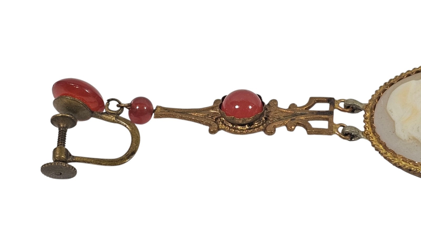 Antique Art Nouveau Single Dangle Earring Red Stones w/ Carved Cameo
