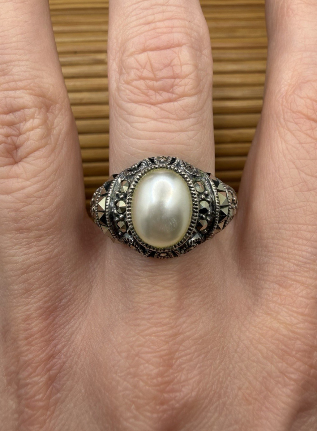 Vintage Judith Jack Sterling Silver Marcasite and Faux Pearl Ring