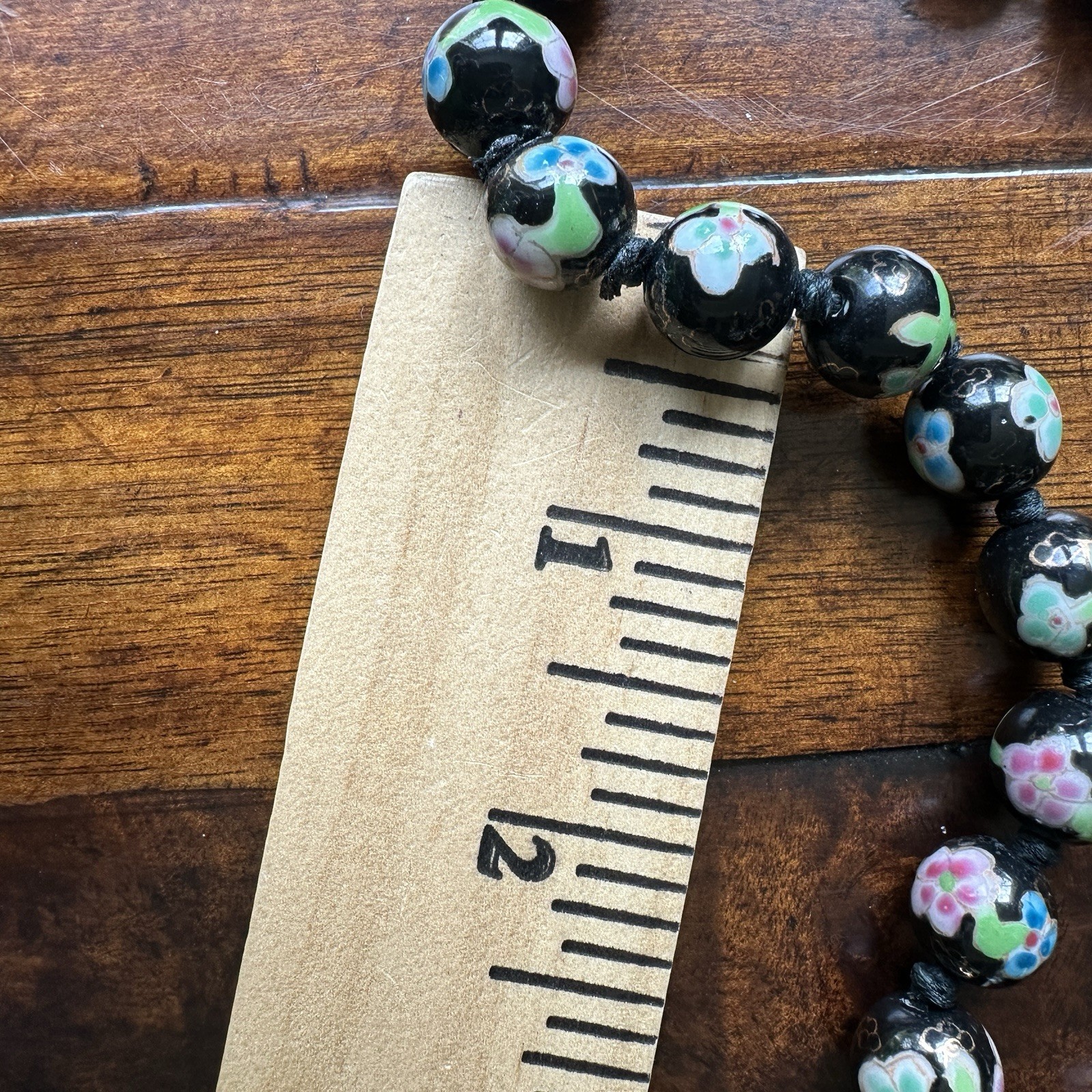 VTG Chinese Porcelain Beaded Necklace 26 Inch Black Pink Flower Knotted Round