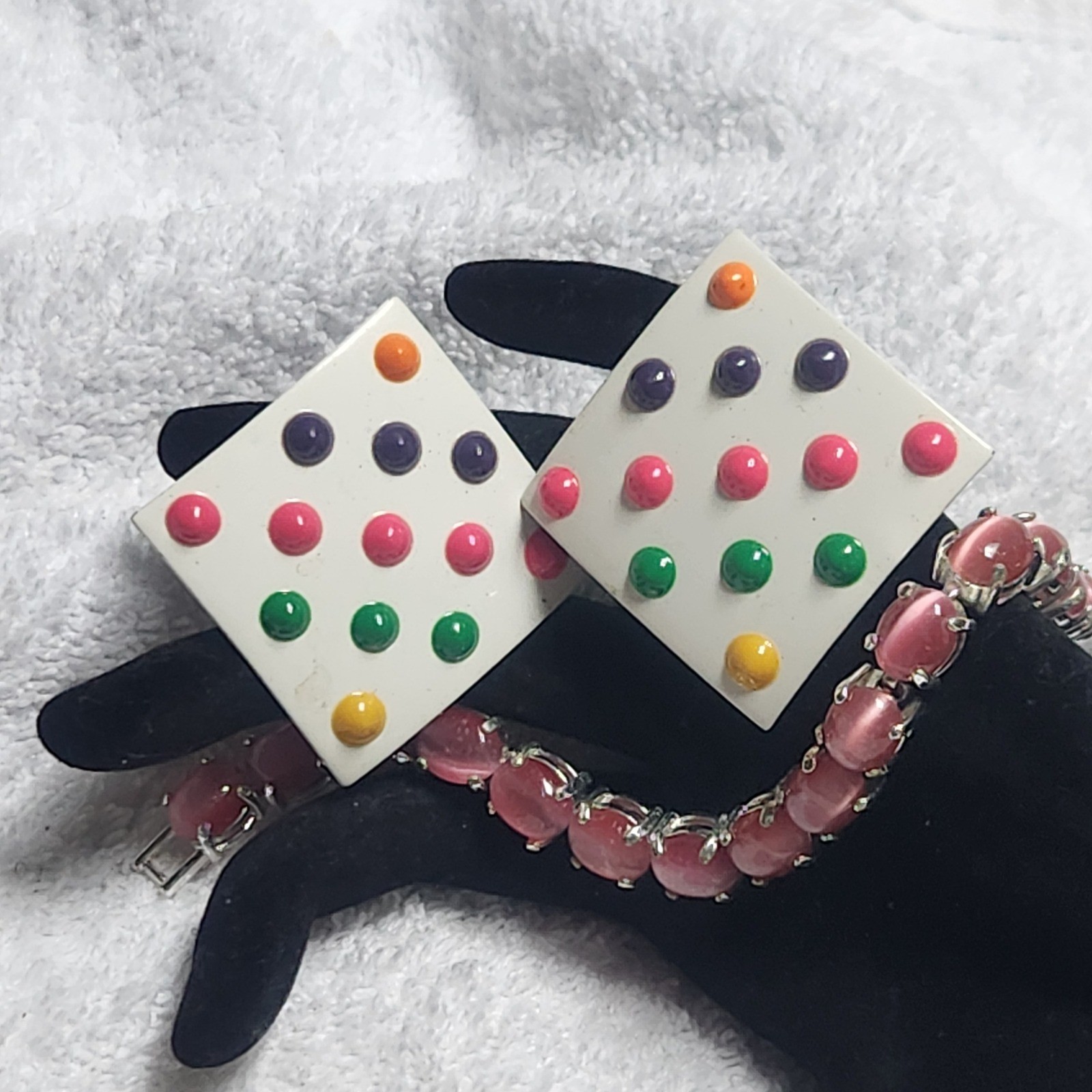 Avon Pink Cats Eye Bracelet and Vintage 80s Multi Color Dot Square Earrings lot