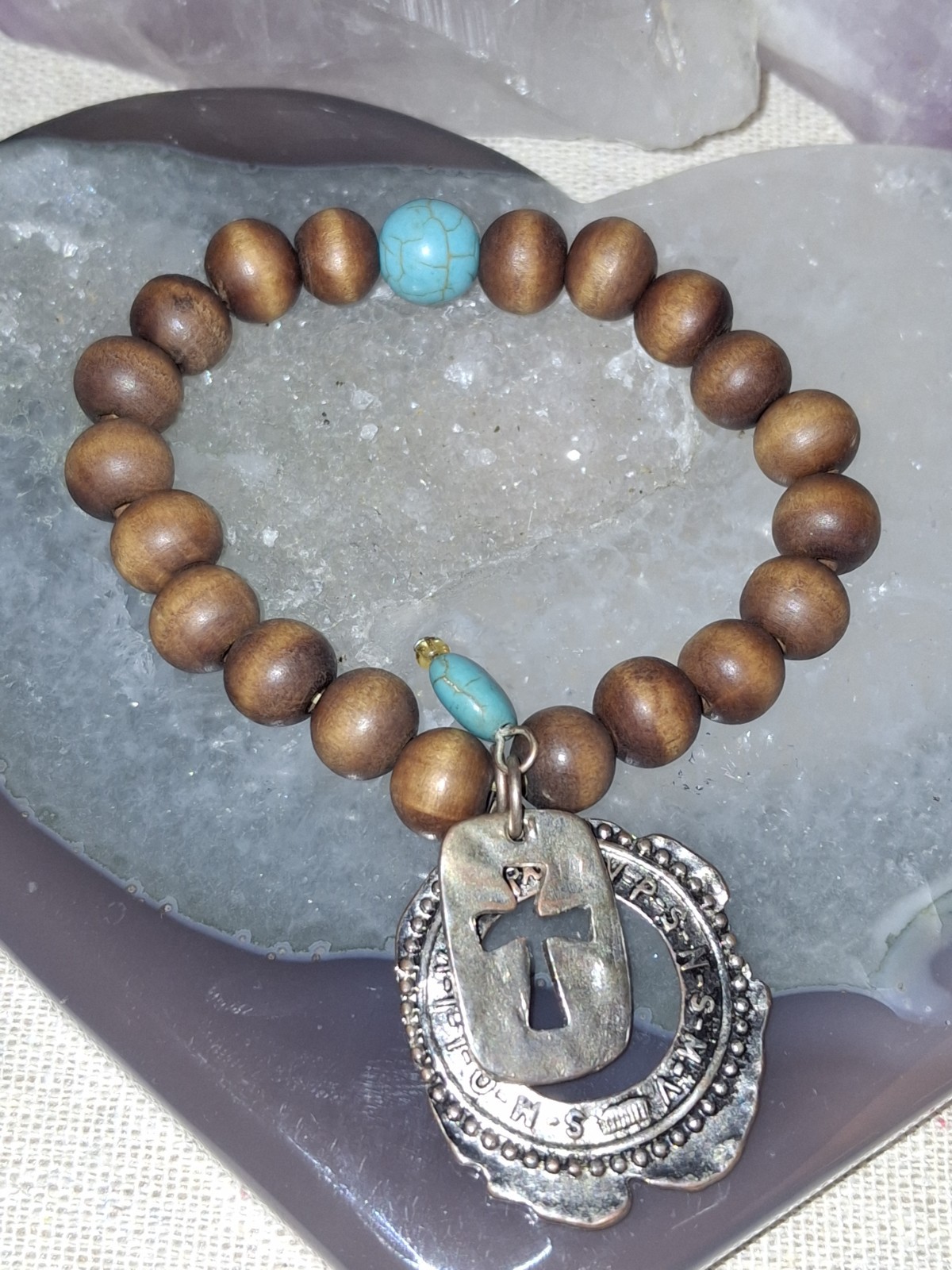 Vintage Silver Turquoise Wood Beaded Bangle Bracelet