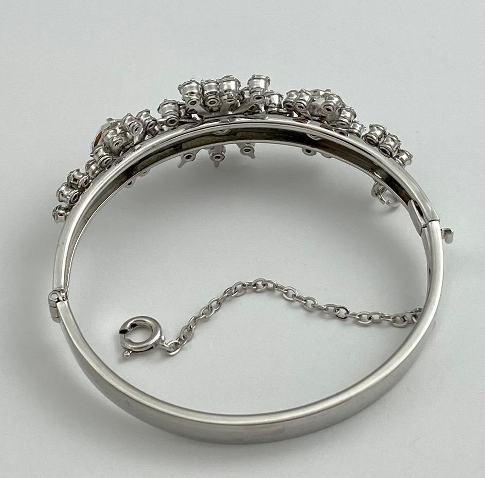 Vintage 1950’s Hinged Cuff Silver Tone Clear Rhinestones Floral Bracelet medium