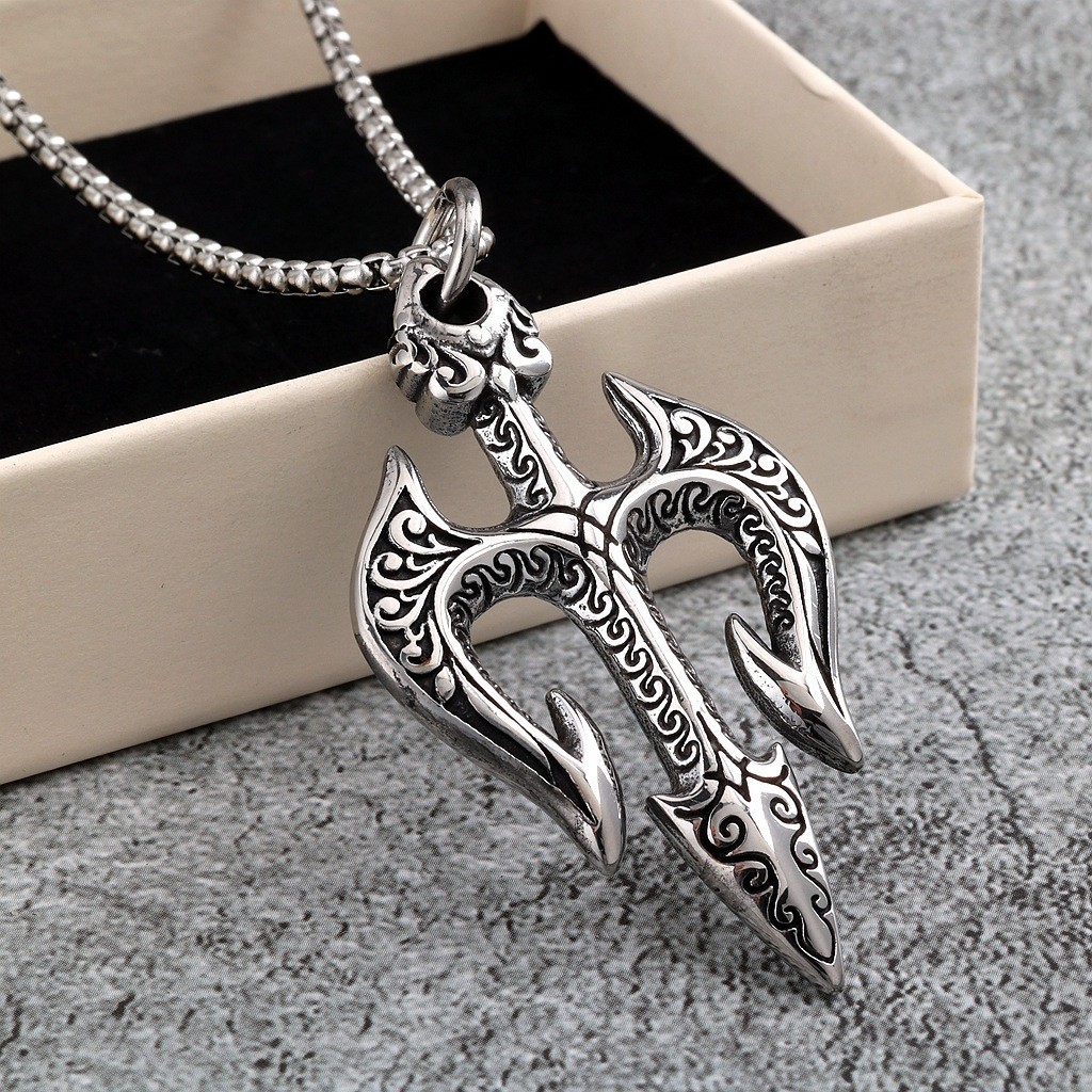 Stainless steel men’s trident pendant necklace