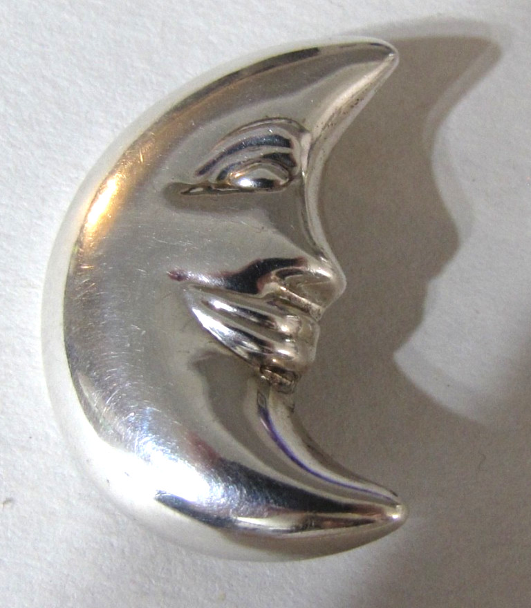 Sterling Silver Crescent Moon Pin Brooch Celestial Smiling Face Vintage SU 925