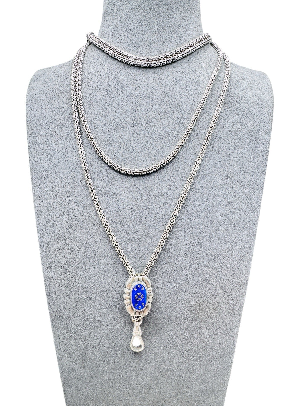 Antique Sterling Silver Fancy Long Watch Guard Chain Necklace Enamel Slide 60″