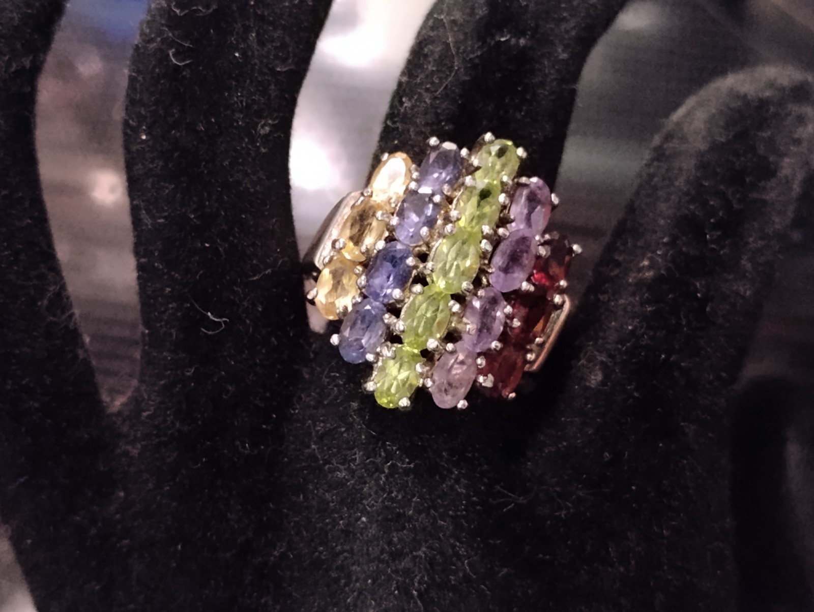 Vintage Ring Sterling Silver Rainbow Multi Gemstone Gem Sapphire/Peridot/Citrine