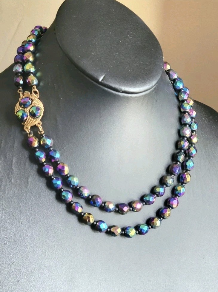 Vintage Carnival Glass Peacock Aurora Borealis Double Strand Necklace Faceted