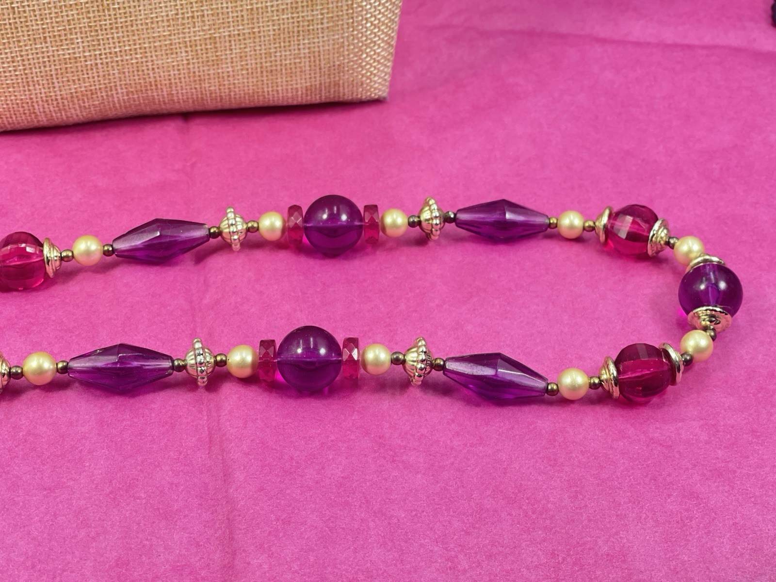 Vintage Bright Purple Pink Beaded Necklace Thick Lucite Gold Tone Spacers