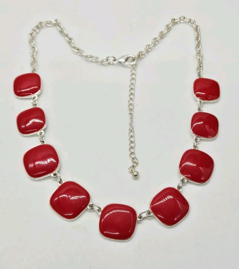 Red Enamel Square Link Necklace Silver tone Art Deco Collar Vintage 21 in