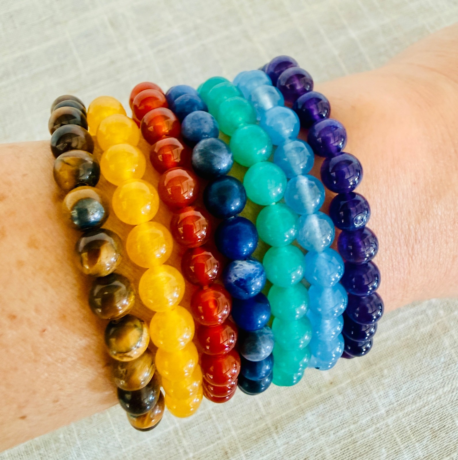 Natural Gemstone Bracelet Set Tiger Eye Amethyst Carnelia Jade Lapis