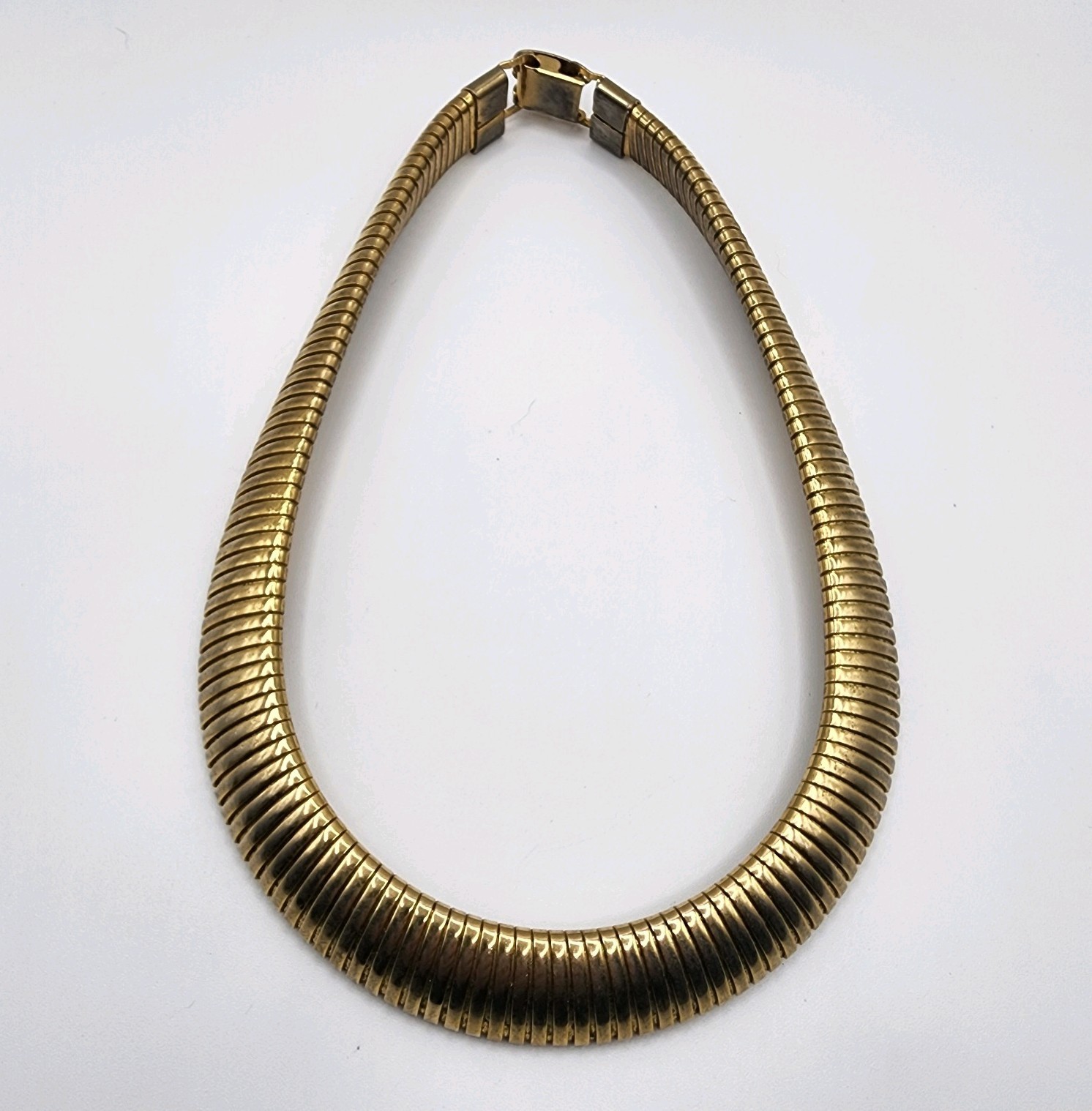 Vintage Gold Tone Wide Omega Choker 17″ Necklace Snake Egyptian Style Bold 80s