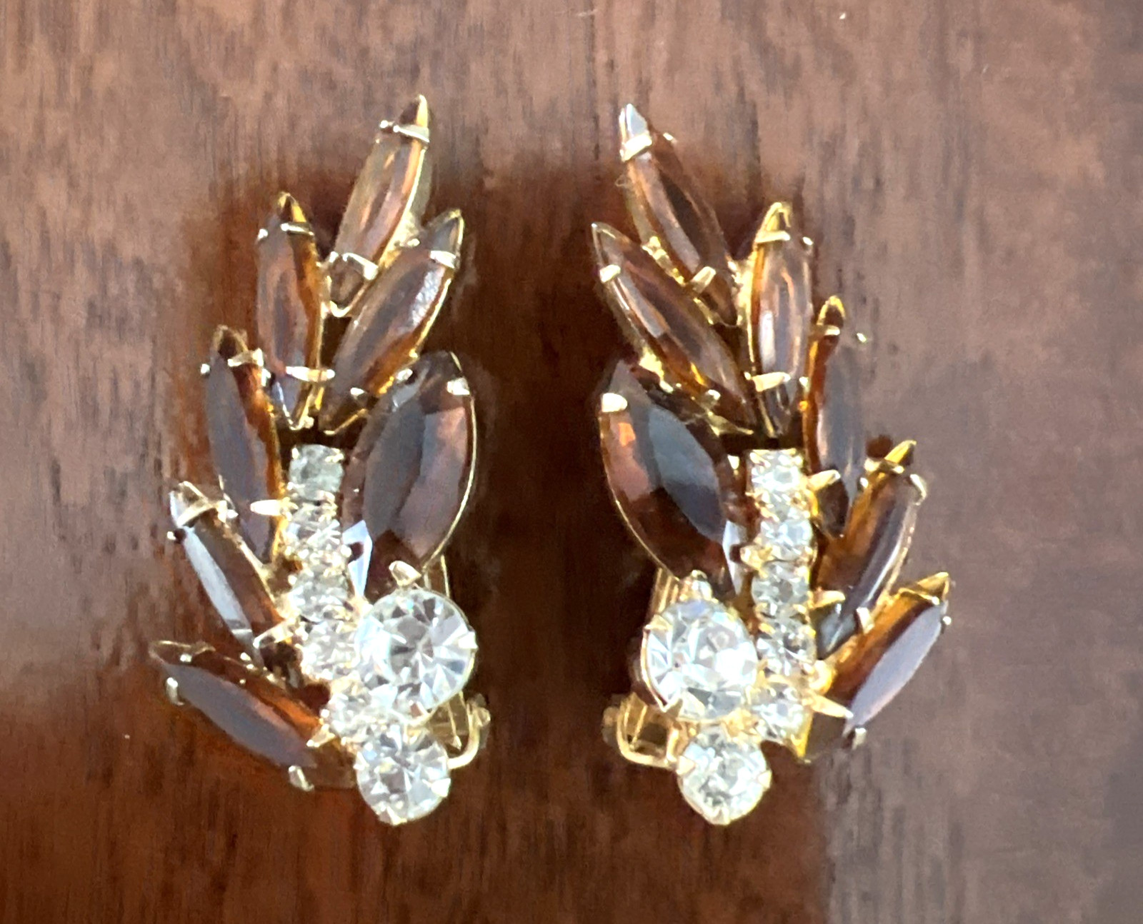 VINTAGE JULIANA DELIZZA & ELSTER AMBER and CLEAR RHINESTONE EARRINGS