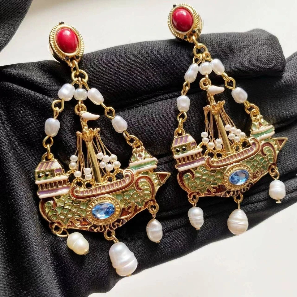 Genuine Vintage Pearl Sailboat Dangle Earrings French Court Gold Enamel Luxury