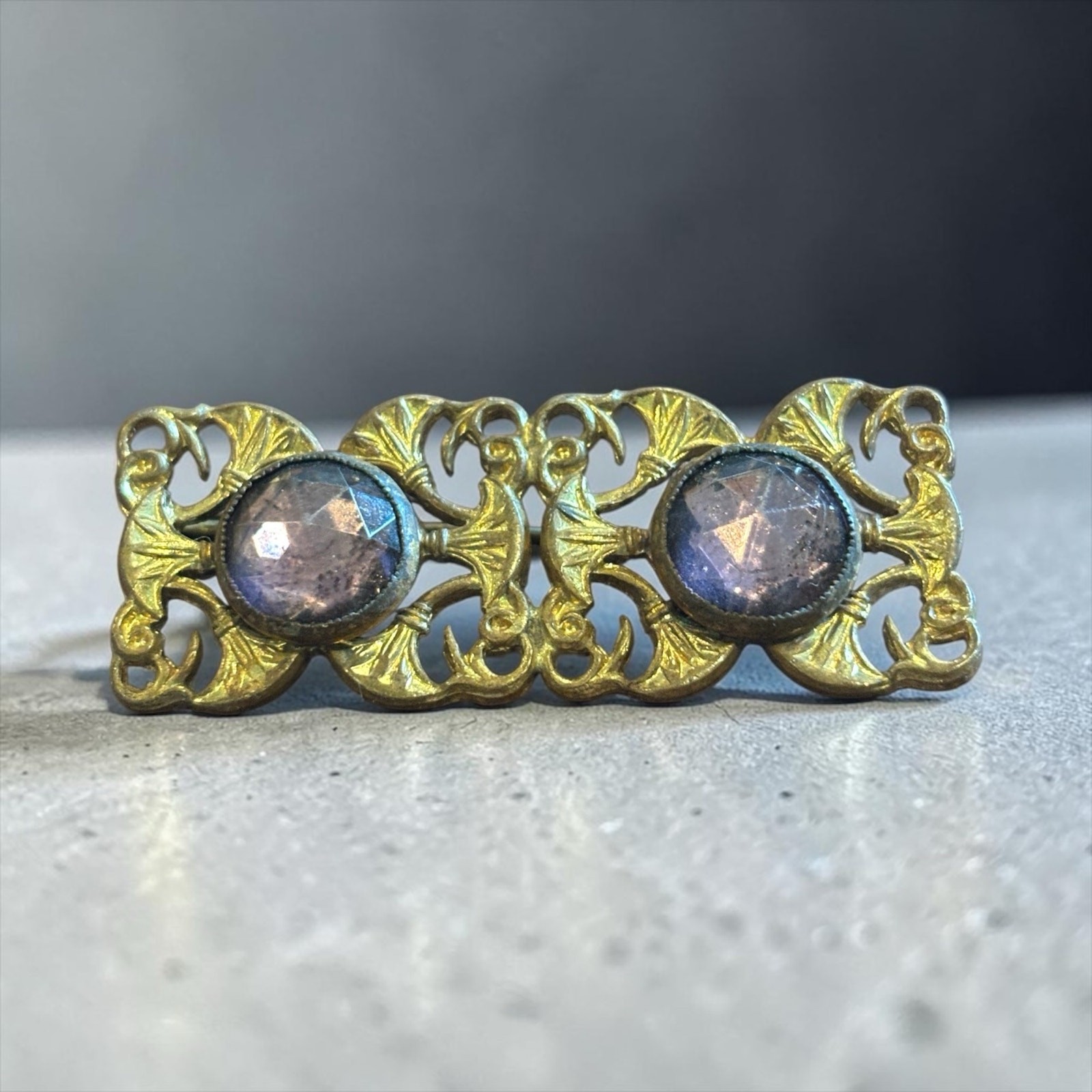 Vintage Art Nouveau Revival Brass Tone Brooch Purple Glass Cabochon Pin