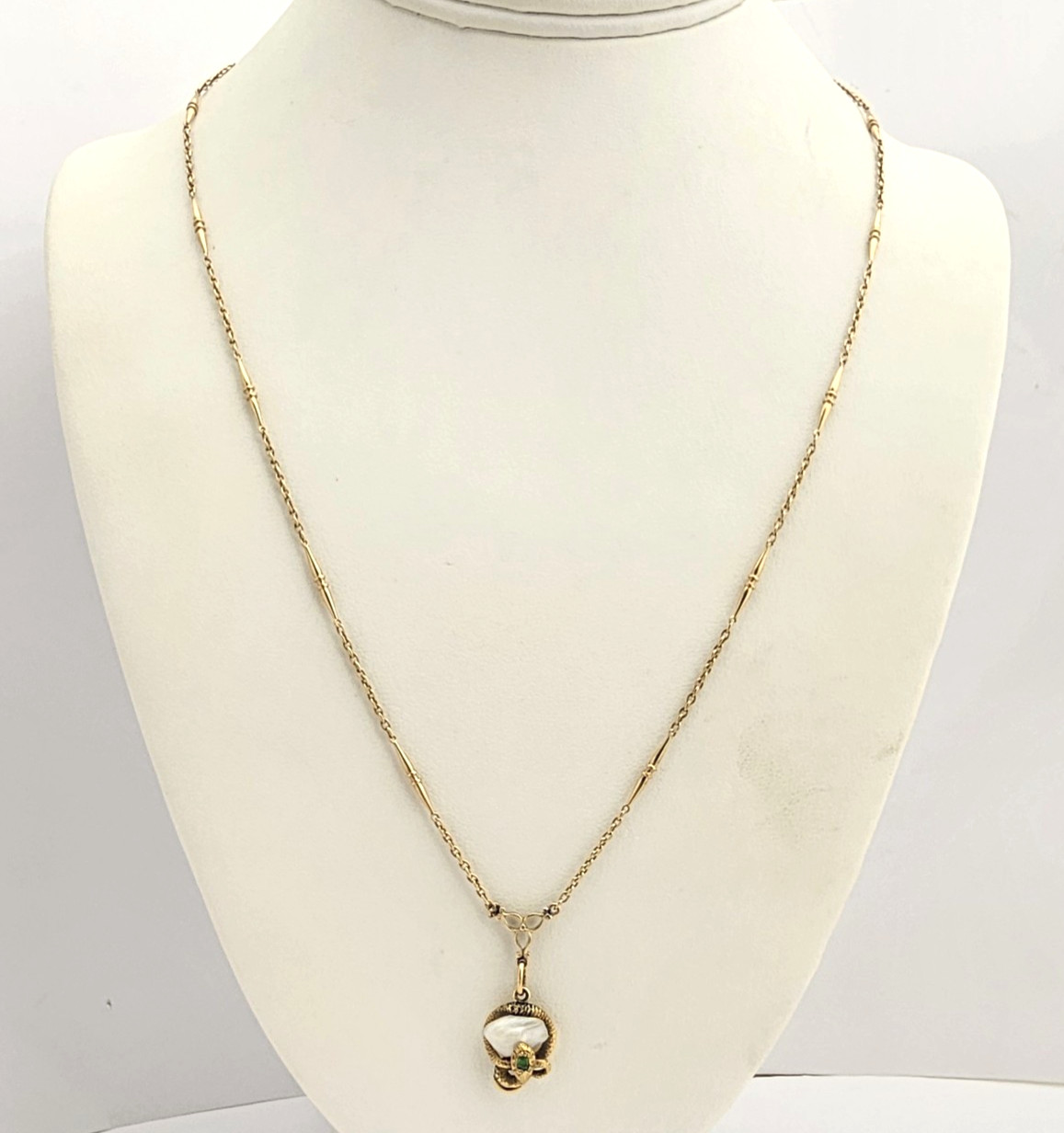 14K Gold Art Nouveau Demantoid Garnet Pearl Snake Serpent Necklace Antique 22in