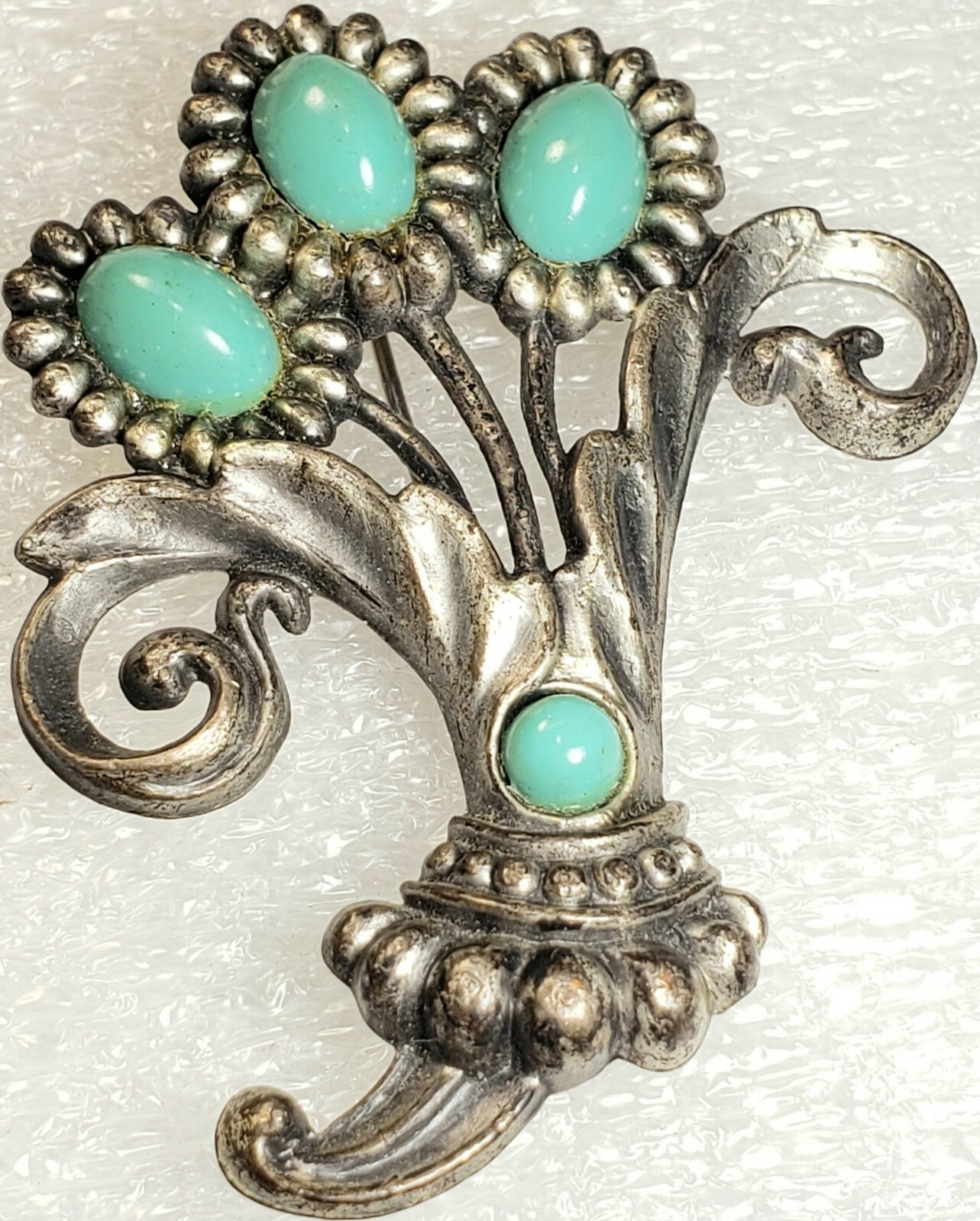 Vintage Classic Art Deco/ Nouveau Turquoise Blue Cabochon Floral Flower Brooch