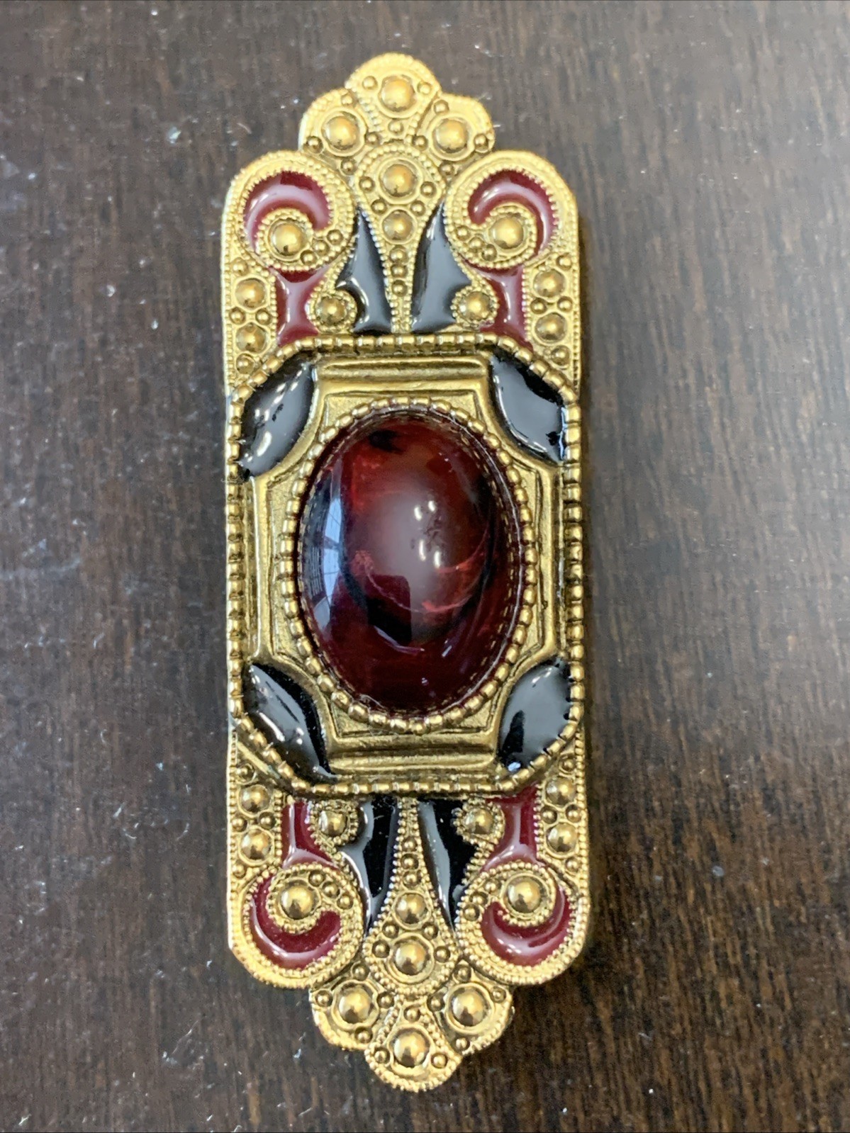 Vintage Brooch Art Deco Elongated Red Lucite Stone Black Enamel Gold Tone