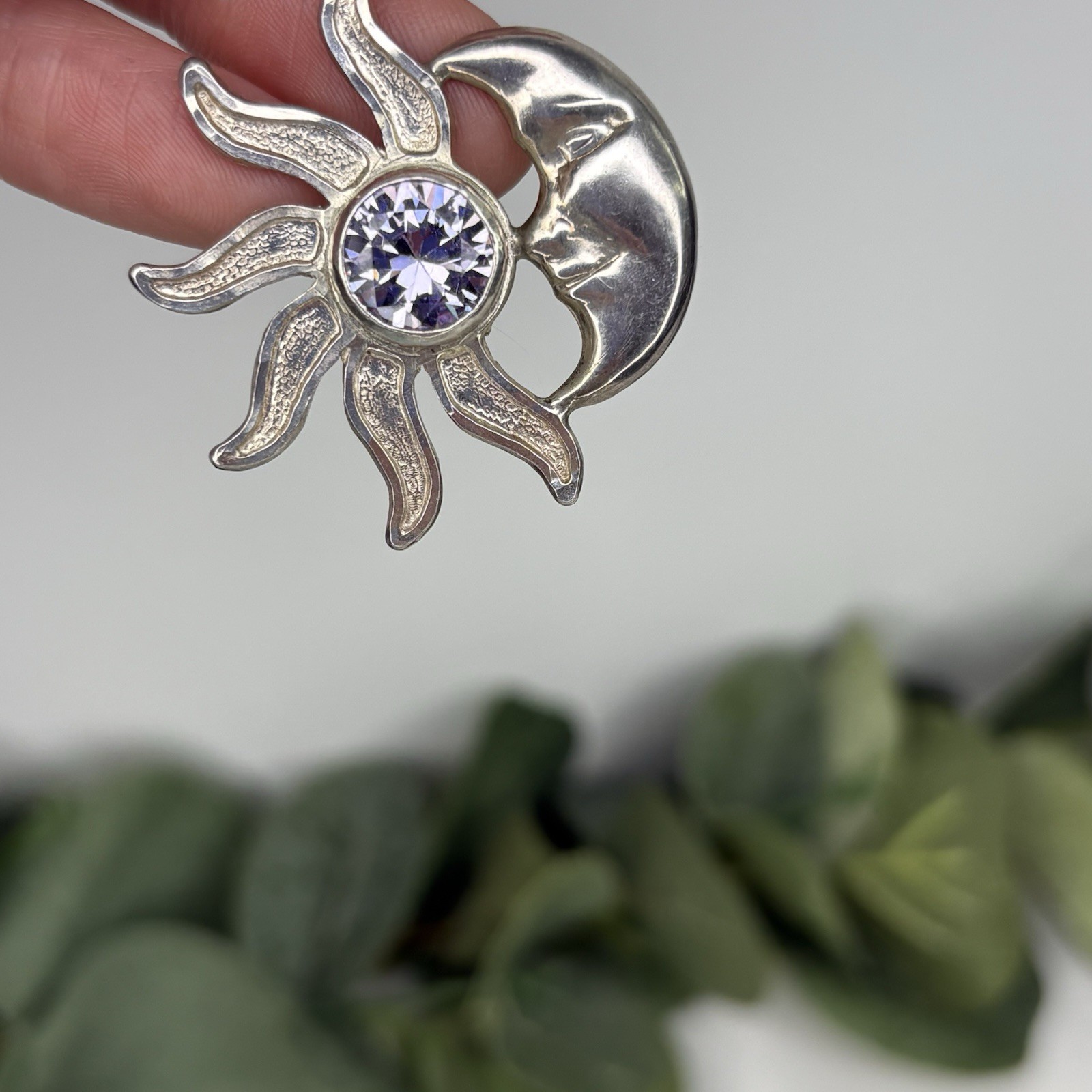Vintage Mexico Sterling Silver Sun & Crescent Moon Eclipse Pendant Purple Stone