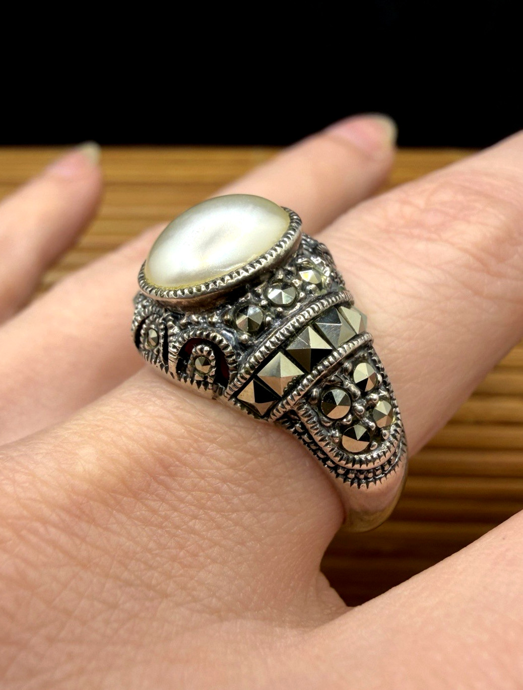 Vintage Judith Jack Sterling Silver Marcasite and Faux Pearl Ring