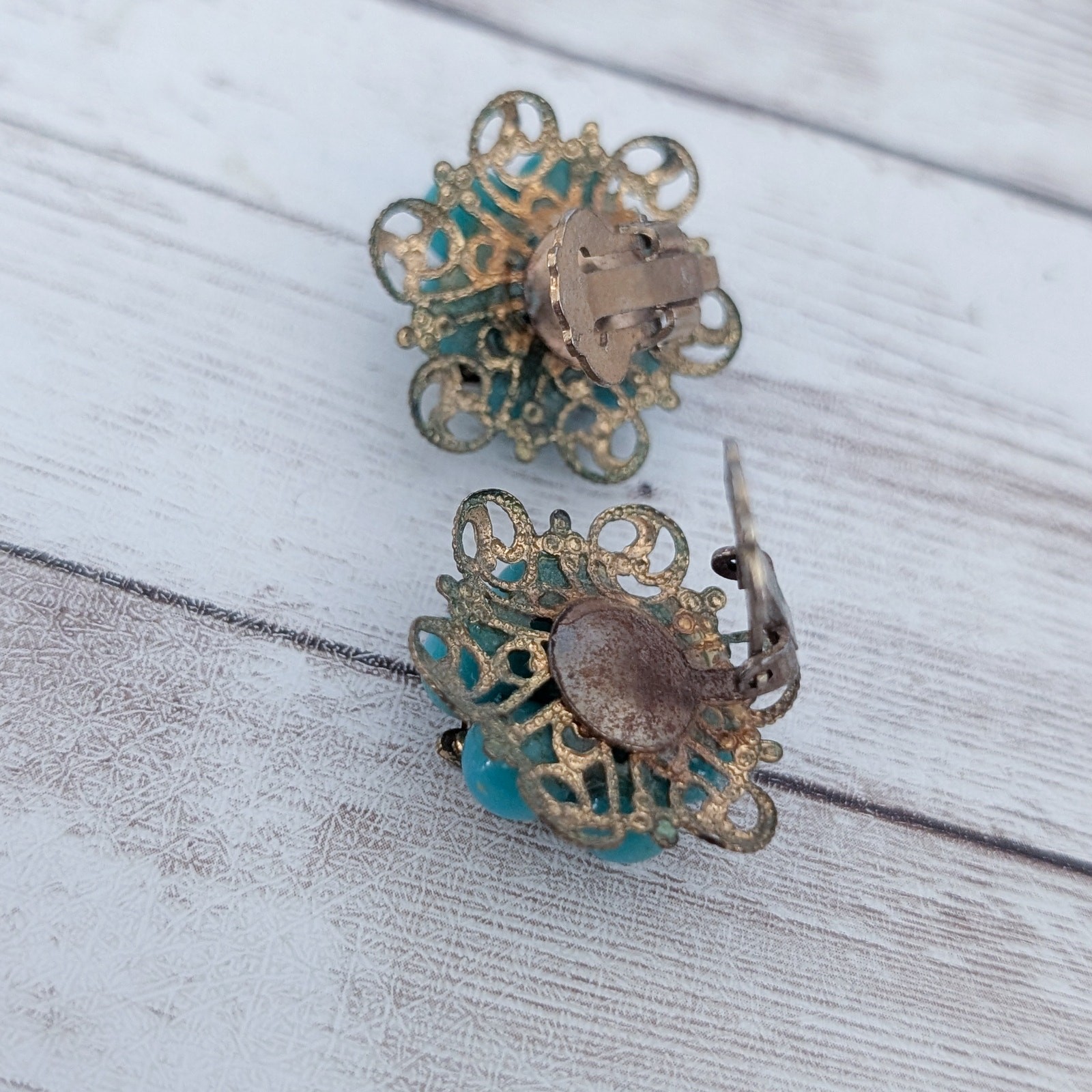 Vintage Clip On Earrings Turquoise Tone, Clear Gem – Clip Repair Needed