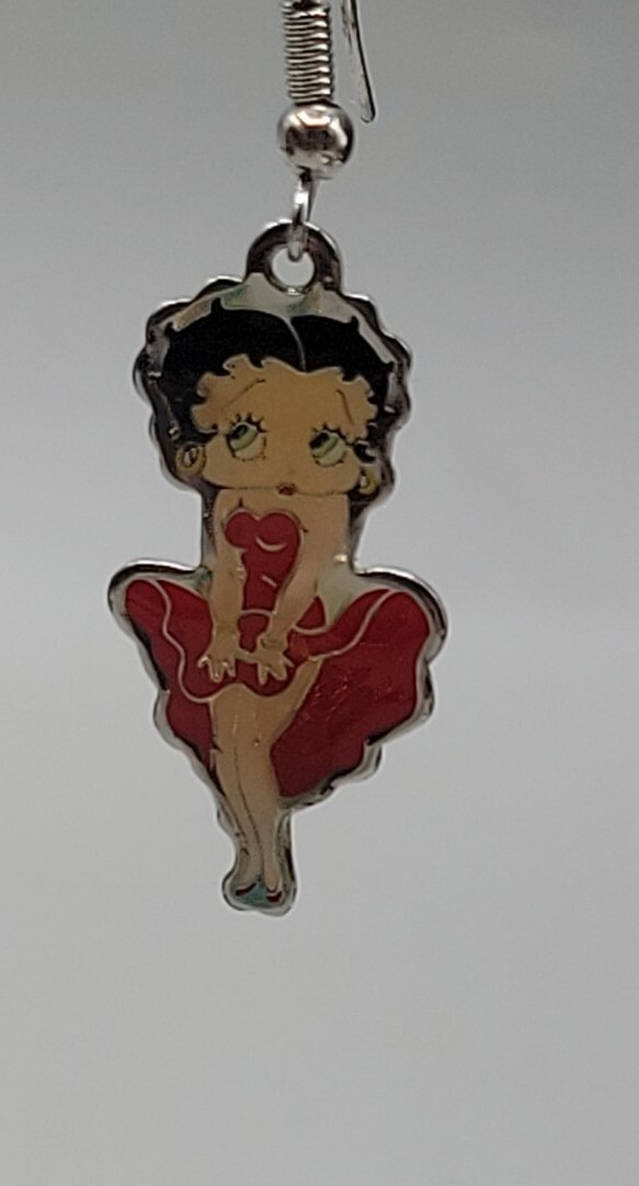 Vintage Betty Boop Red Dress Dangling Hook Earrings KFS/FS Hearst Silver Tone 1″
