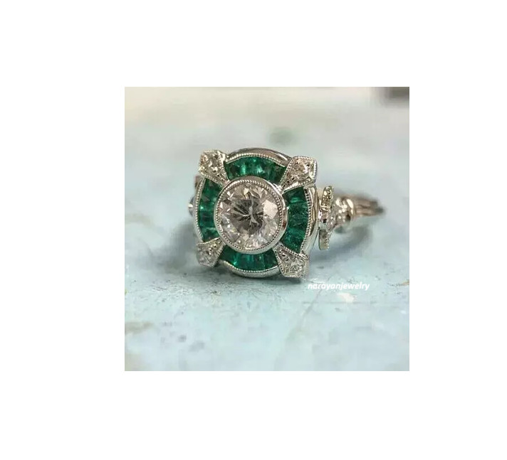 Art Deco Vintage Style Emerald Lab Created Diamond White Gold FN Engagement Ring