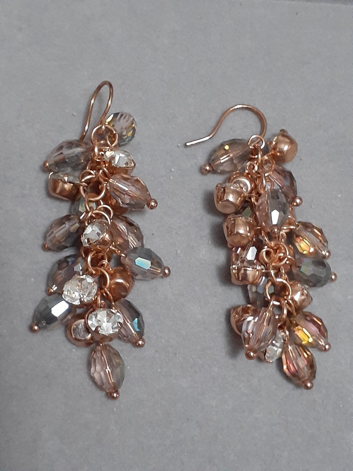 Fauceted lucite iridesent bead earrings & rhinestone cluster dangle drop style