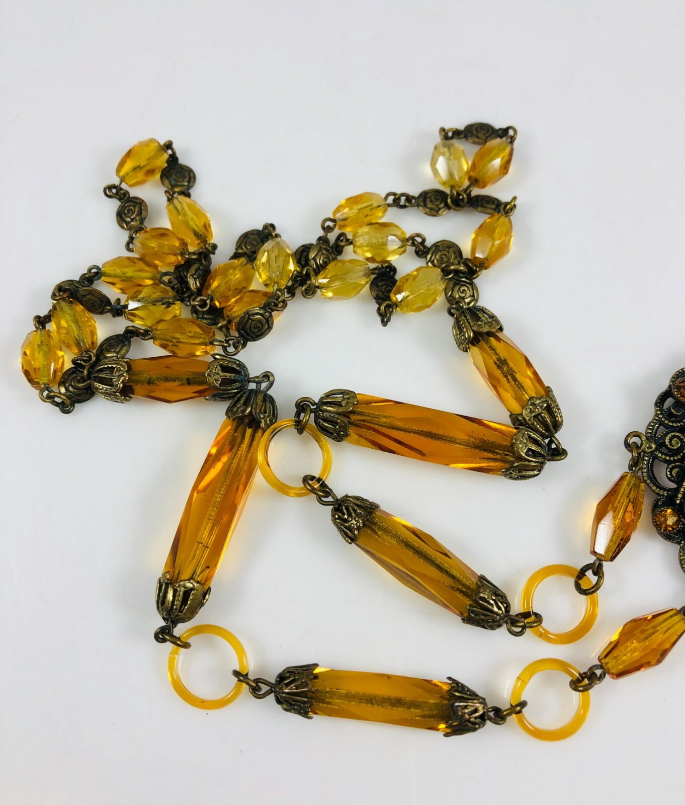Antique Czechoslovakia Max Neiger Amber Brown Long Dangle Necklace Glass Links