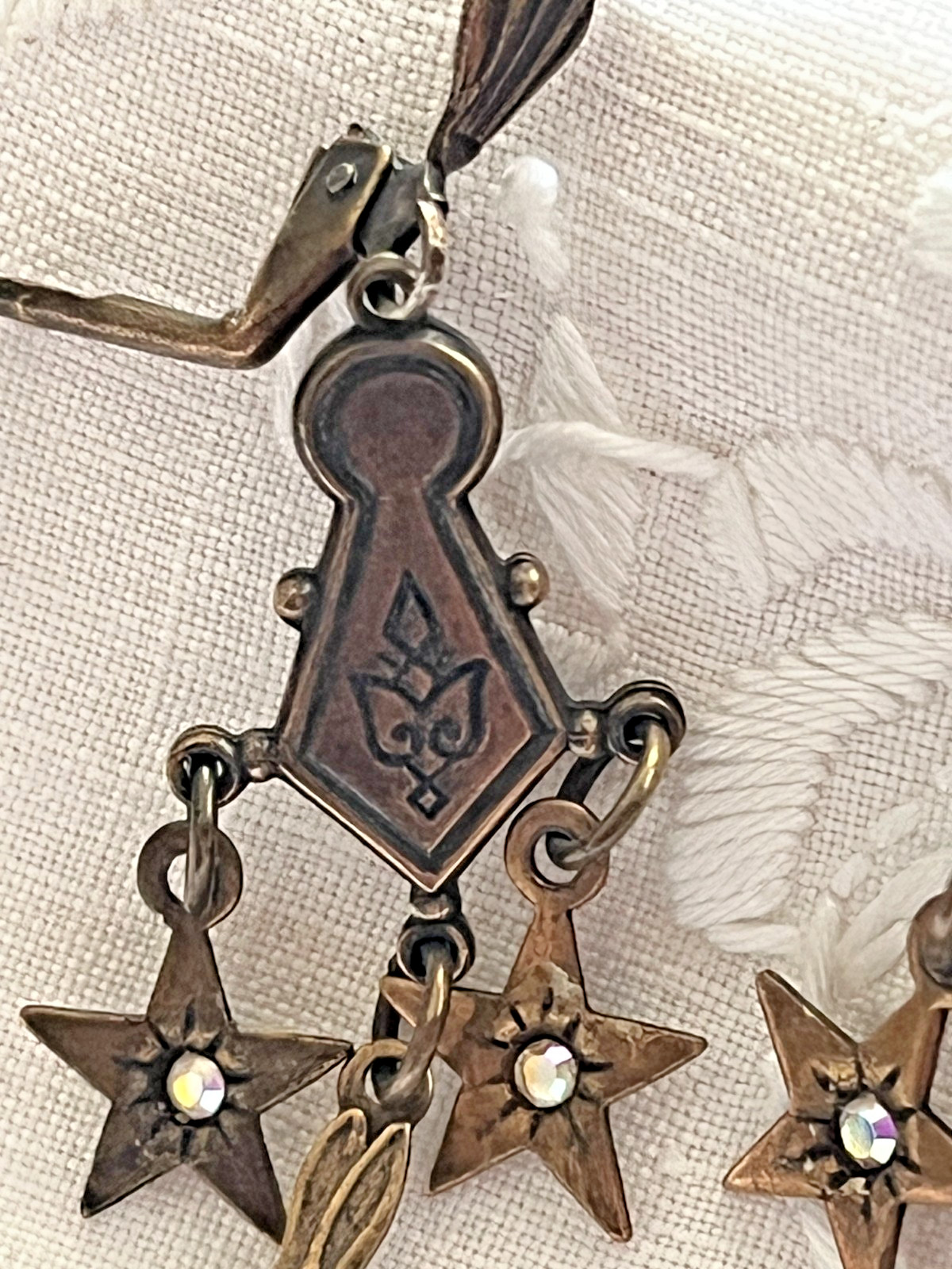 Bronze-Toned Antique-Style Chandelier Dangle Earrings, Stars, Rabbit in Hat 2.5″