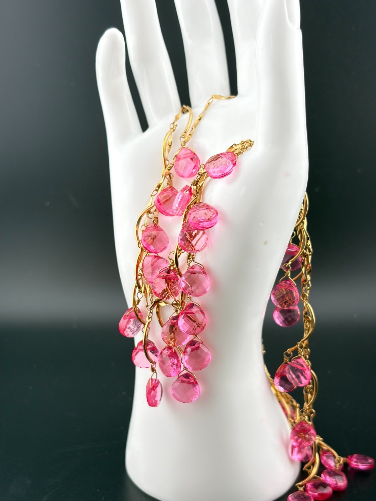 Nolan Miller Long Necklace Vtg Gold Tone Pink Faceted Acrylic/Resin Bead Signed
