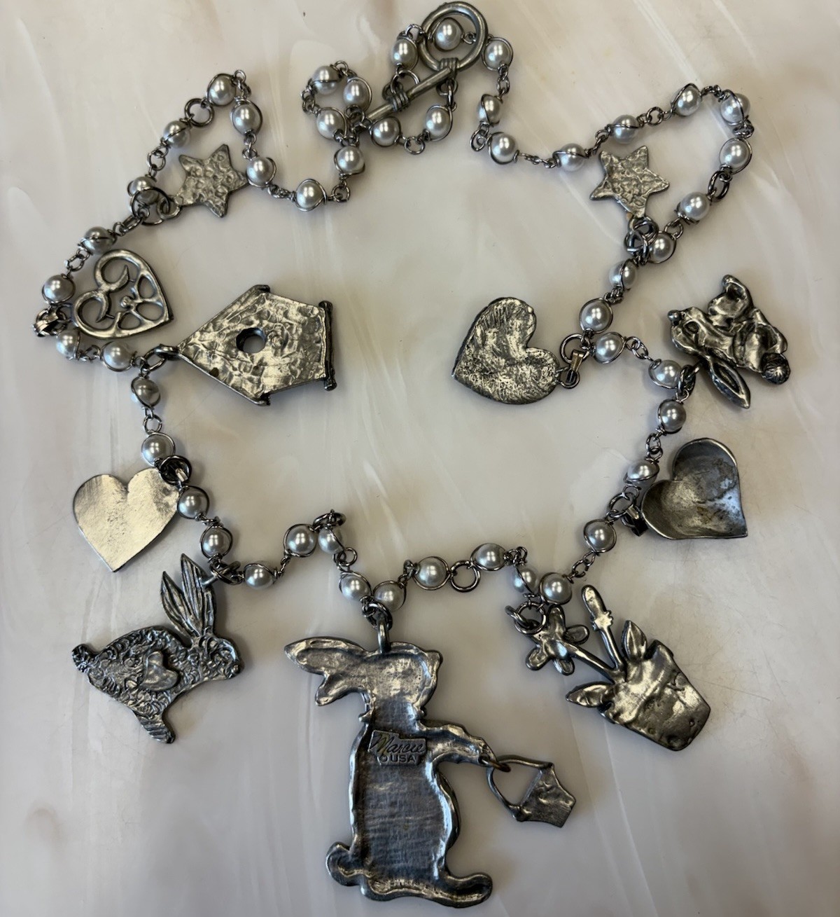 Marcie Signed 30” Pewter Charm Necklace w/Pearls Rabbits Hearts Birdhouse Garden