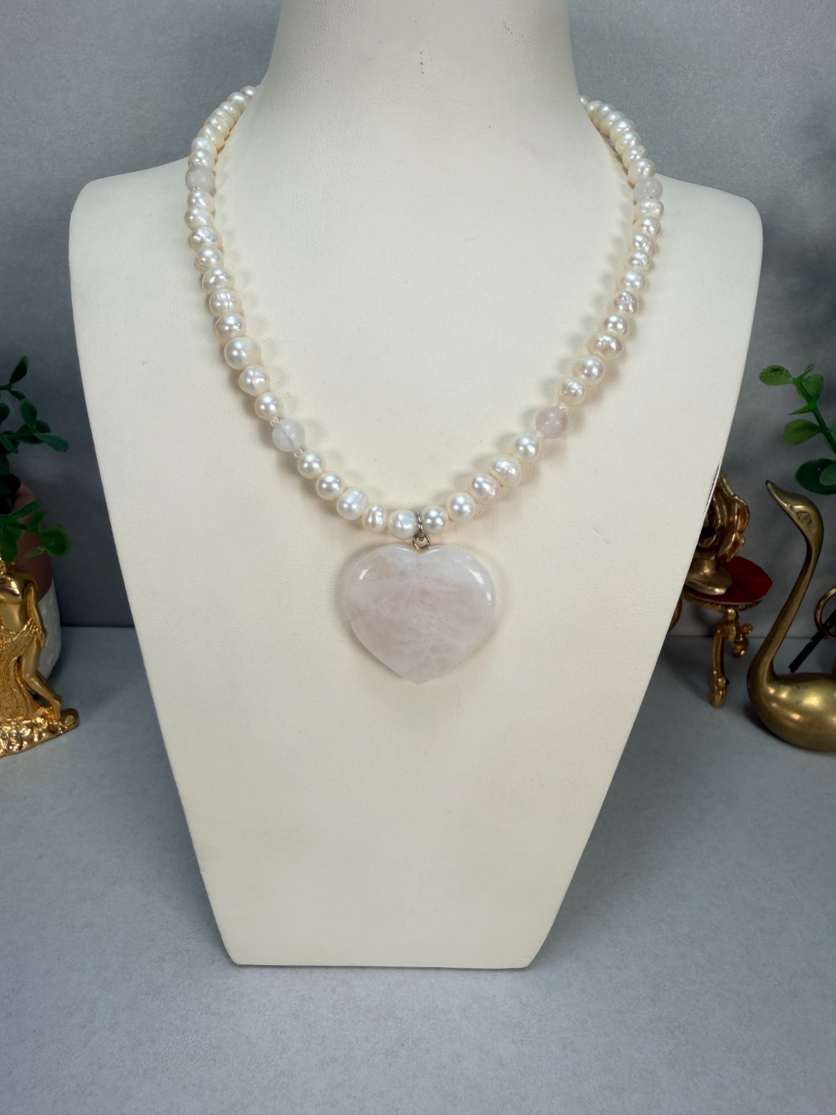 Freshwater Pearl Rose Quartz Heart Pendant Necklace Romantic Elegant