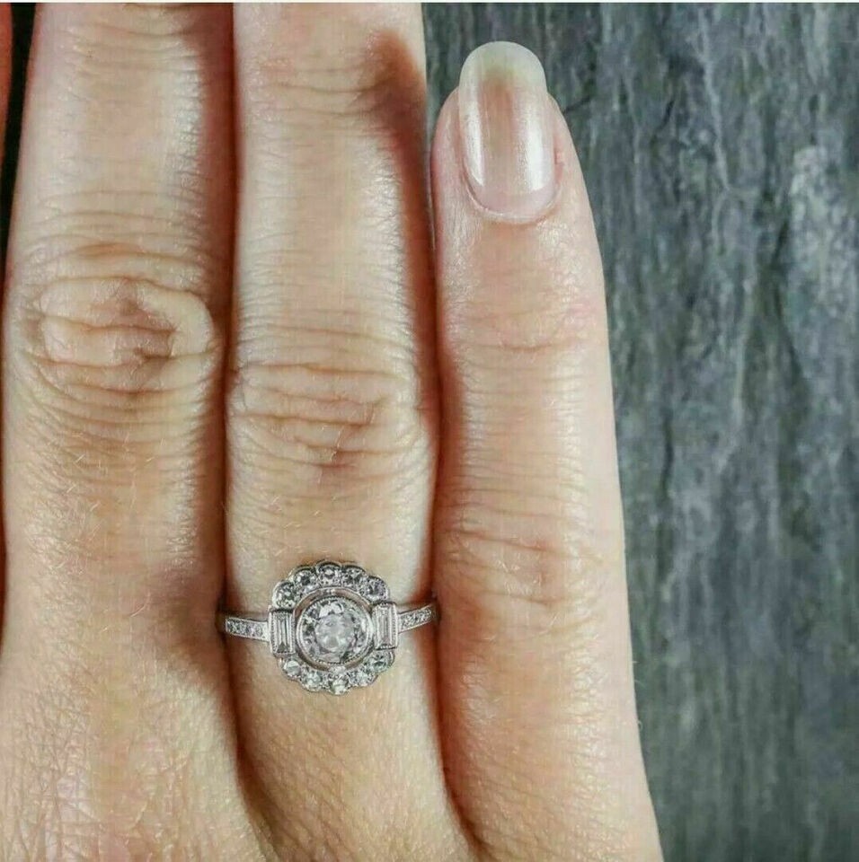 Retro Bezel Set Halo Engagement Ring Round Cut Moissanite 14K White Gold Plated
