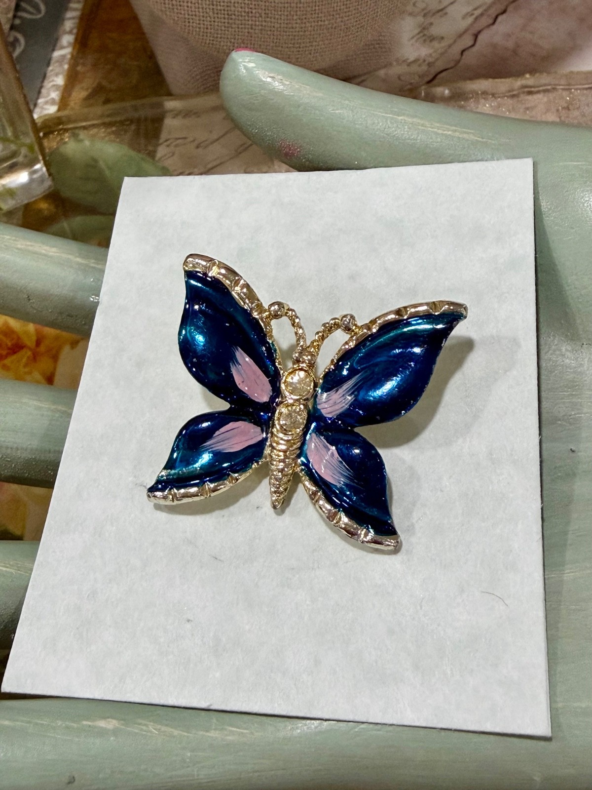 Enameled Butterfly Pin, Blue & Pink With Rhnestone Accents, Gift for Her, Mom