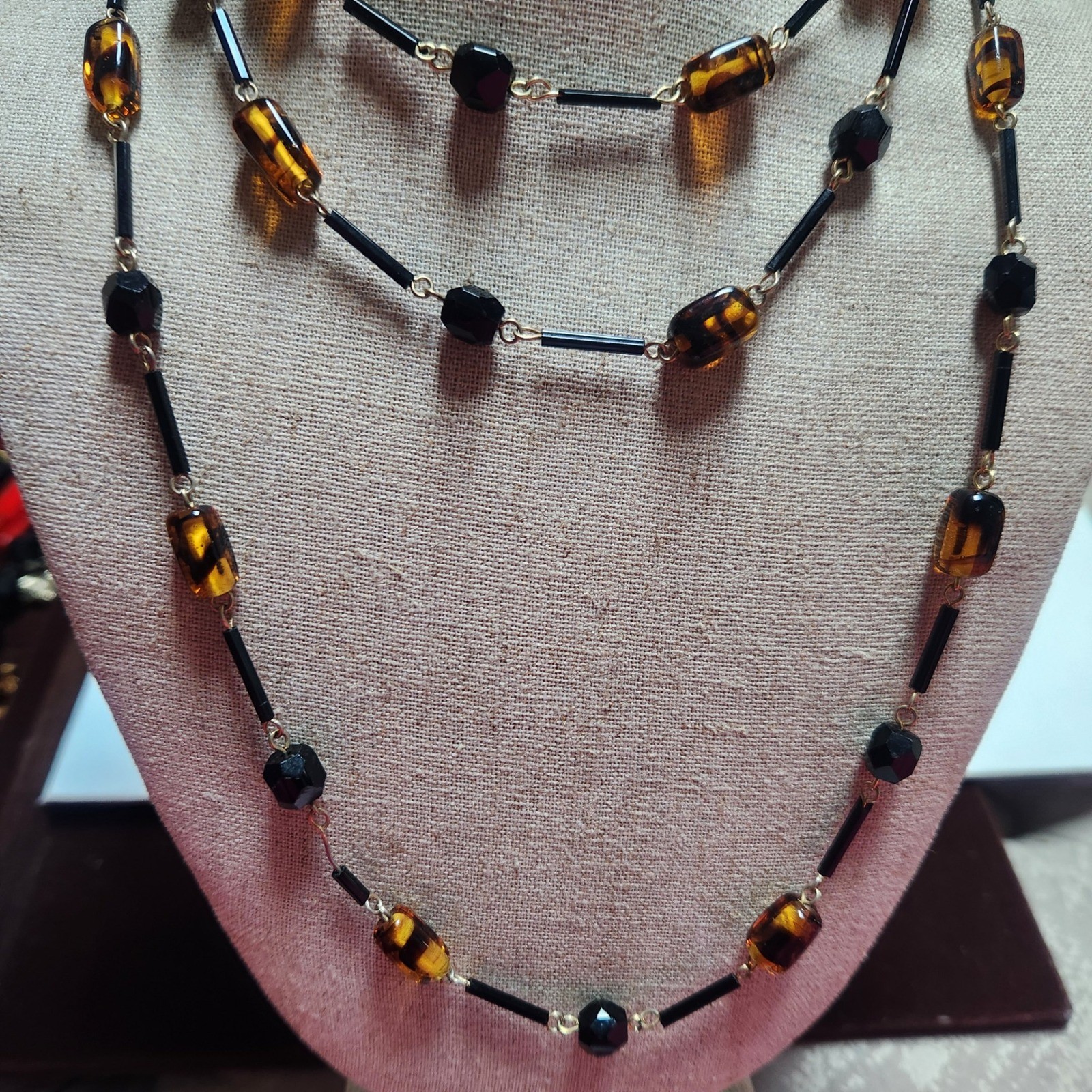 Glass Beaded Long Station Necklace Gold Tone 25in