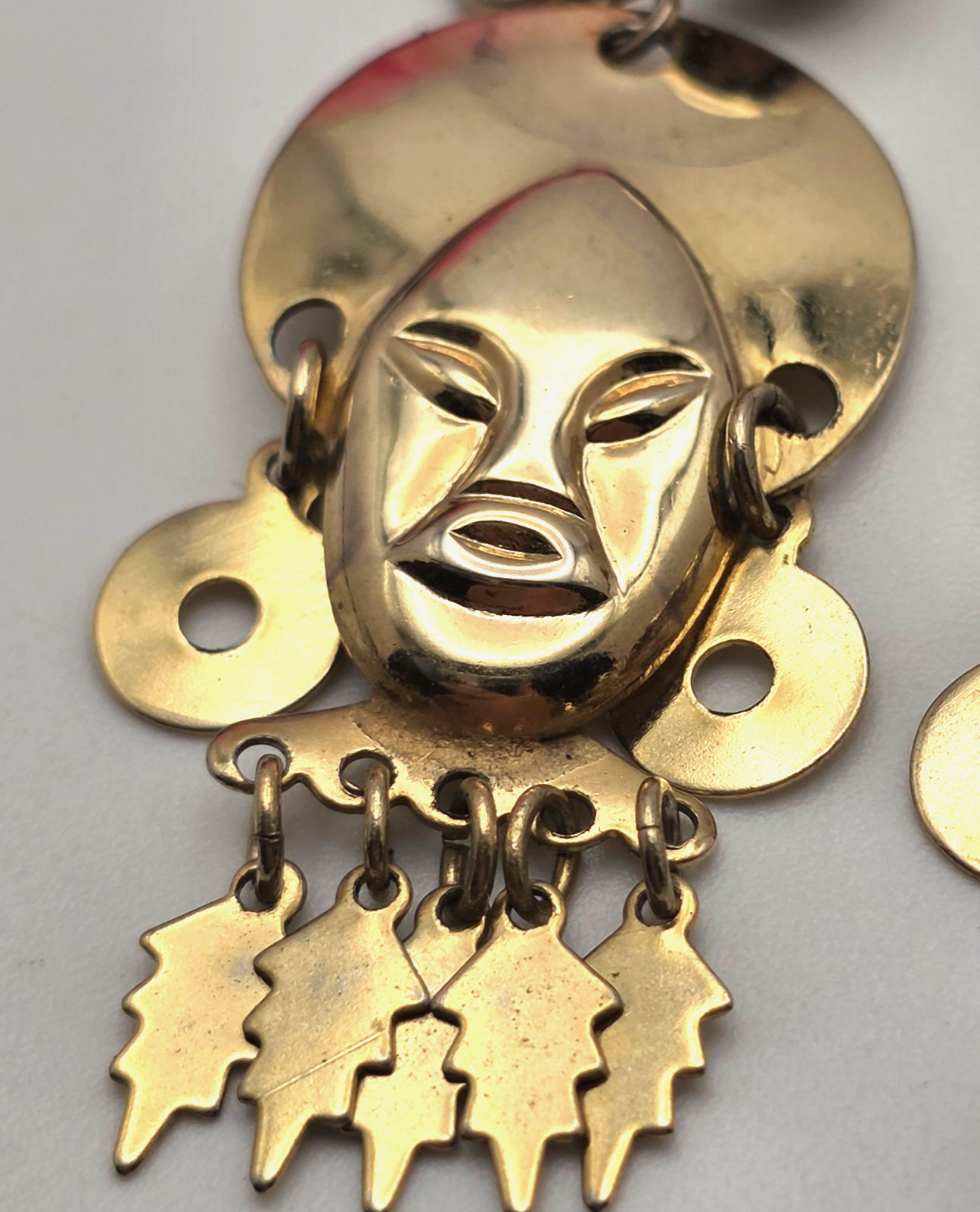Vintage Gold Tone Tribal Mask Dangle Earrings Screw Back African Ethnic 2 In