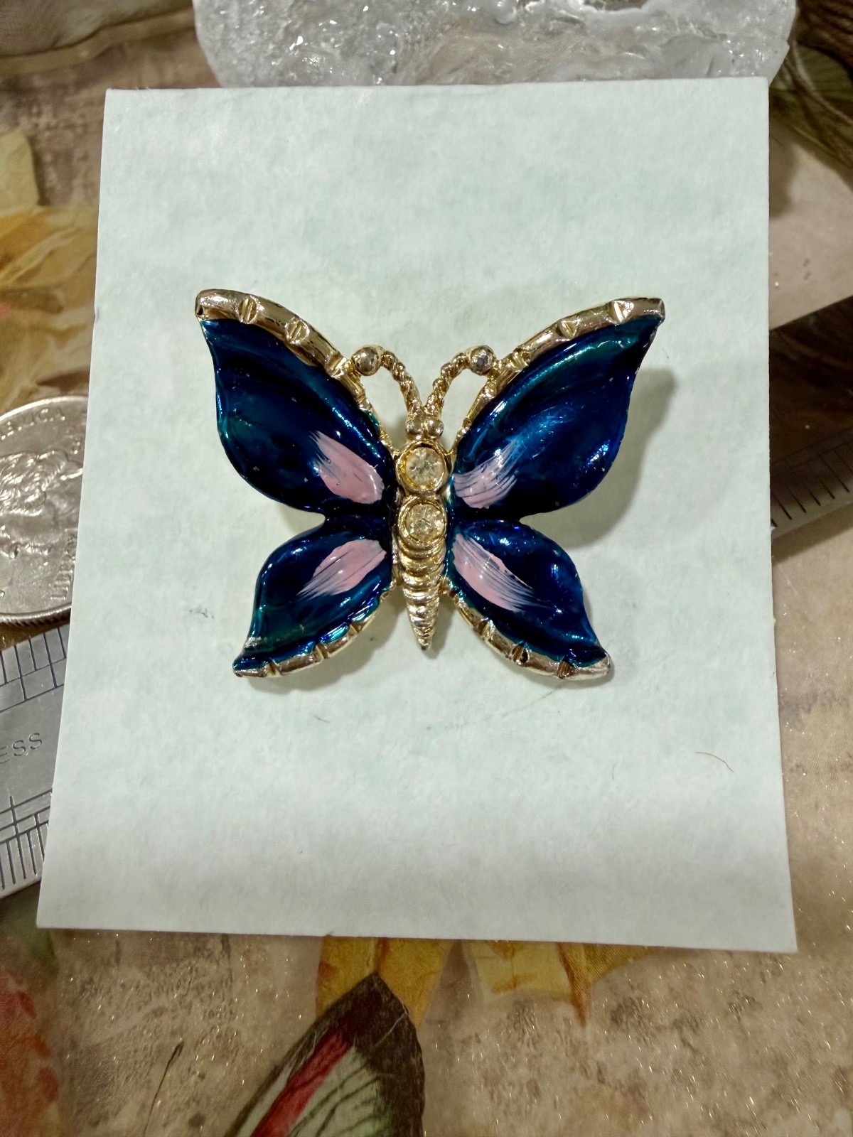 Enameled Butterfly Pin, Blue & Pink With Rhnestone Accents, Gift for Her, Mom