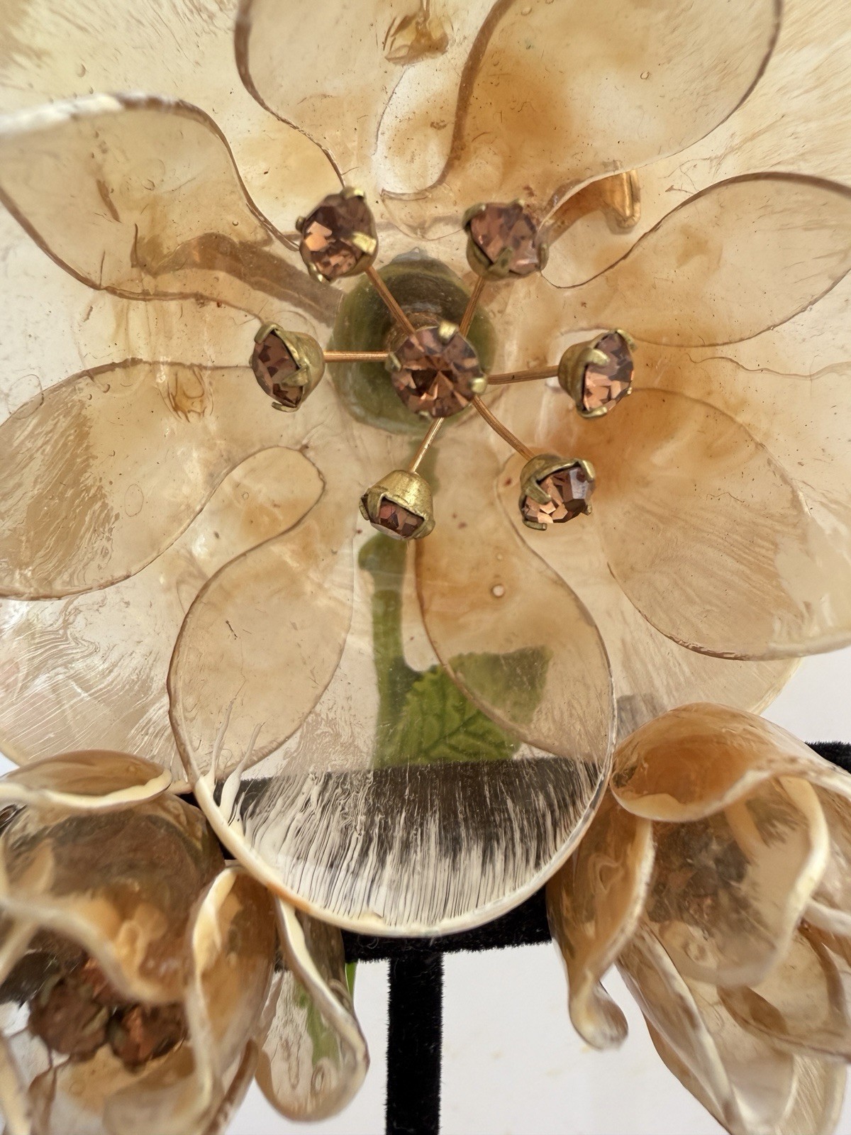 Cellulose Acetate Rhinestone Flower Brooch Earring Set Amber Demi Parure 50s Lot