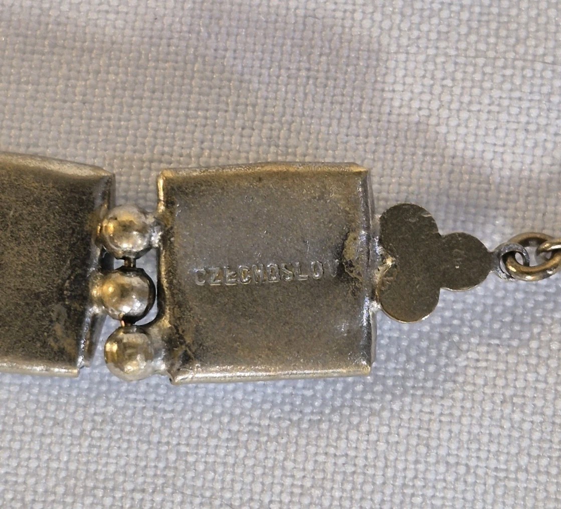 Blue Opaline Star Czech Glass Bracelet Square Silvertone Link 7 Inches Vintage